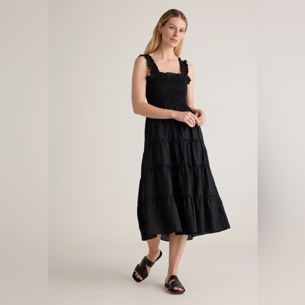 Quince Black Ruffled Midi Dress